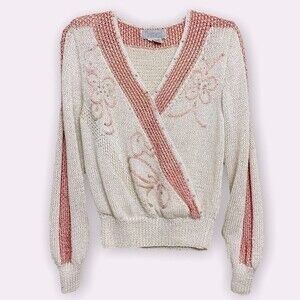 Nannell Vintage Embroidered Flowers Rhinestone Knit Sweater Womens Size Small